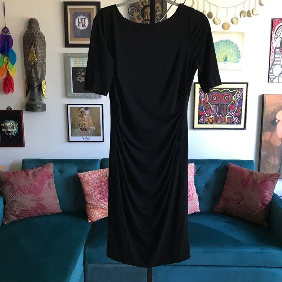 VINCE CAMUTO size 10 Black Stretch Jersey Ruched Sheath Dress LBD - Picture 1 of 4